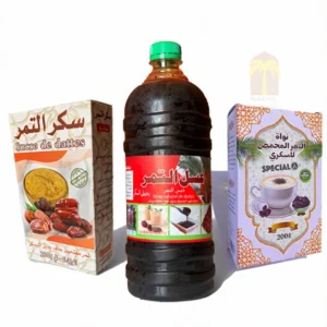 Pack comprenant 1 litre de sirop de dattes naturel, du café de dattes et du sucre de dattes