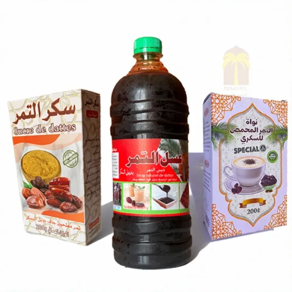 Pack comprenant 1 litre de sirop de dattes naturel, du café de dattes et du sucre de dattes
