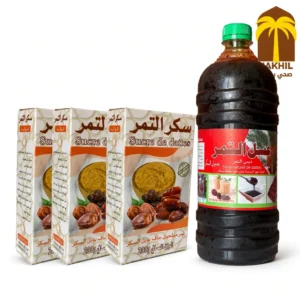 Pack comprenant 1 litre de sirop de dattes naturel et 3 boîtes de sucre de dattes nature