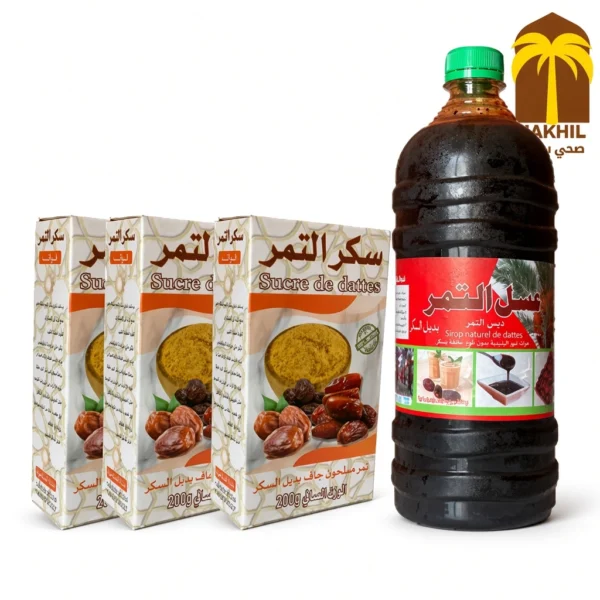 Pack comprenant 1 litre de sirop de dattes naturel et 3 boîtes de sucre de dattes nature
