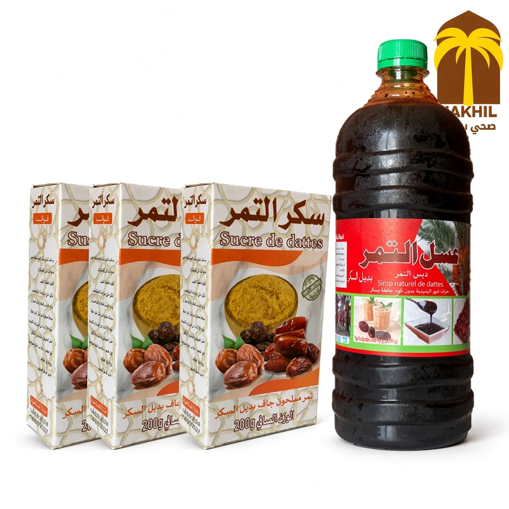 Pack comprenant 1 litre de sirop de dattes naturel et 3 boîtes de sucre de dattes nature